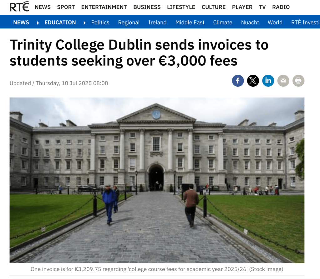 Trinity College Dublin sends invoices to students seeking over €3,000&nbsp;fees